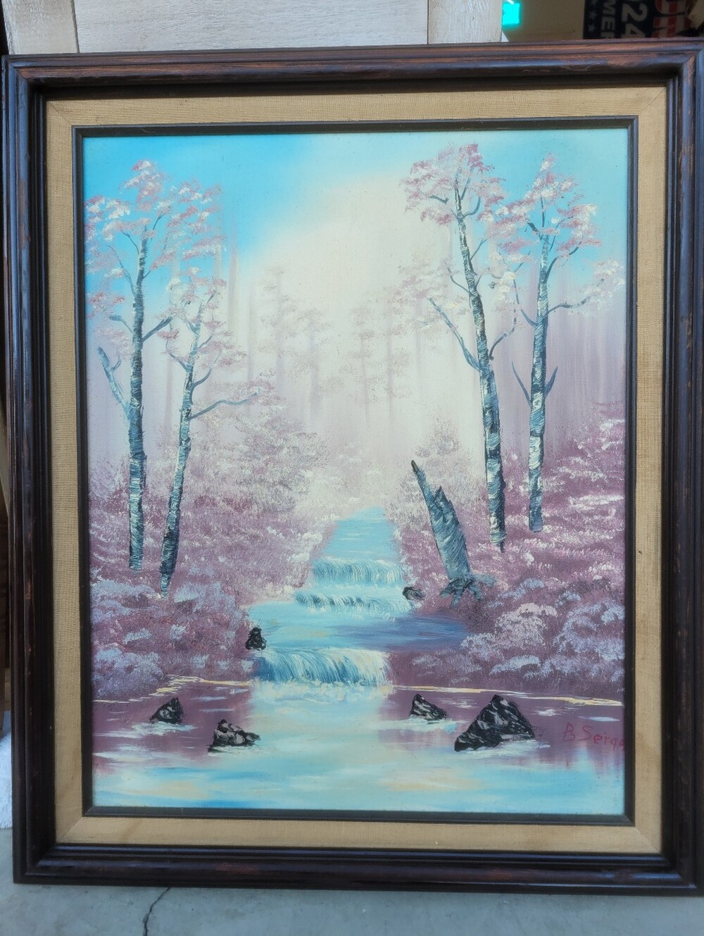 Framed Landscape Oil Painting Signed B. Serge Bob Ross Style Forest Waterfall